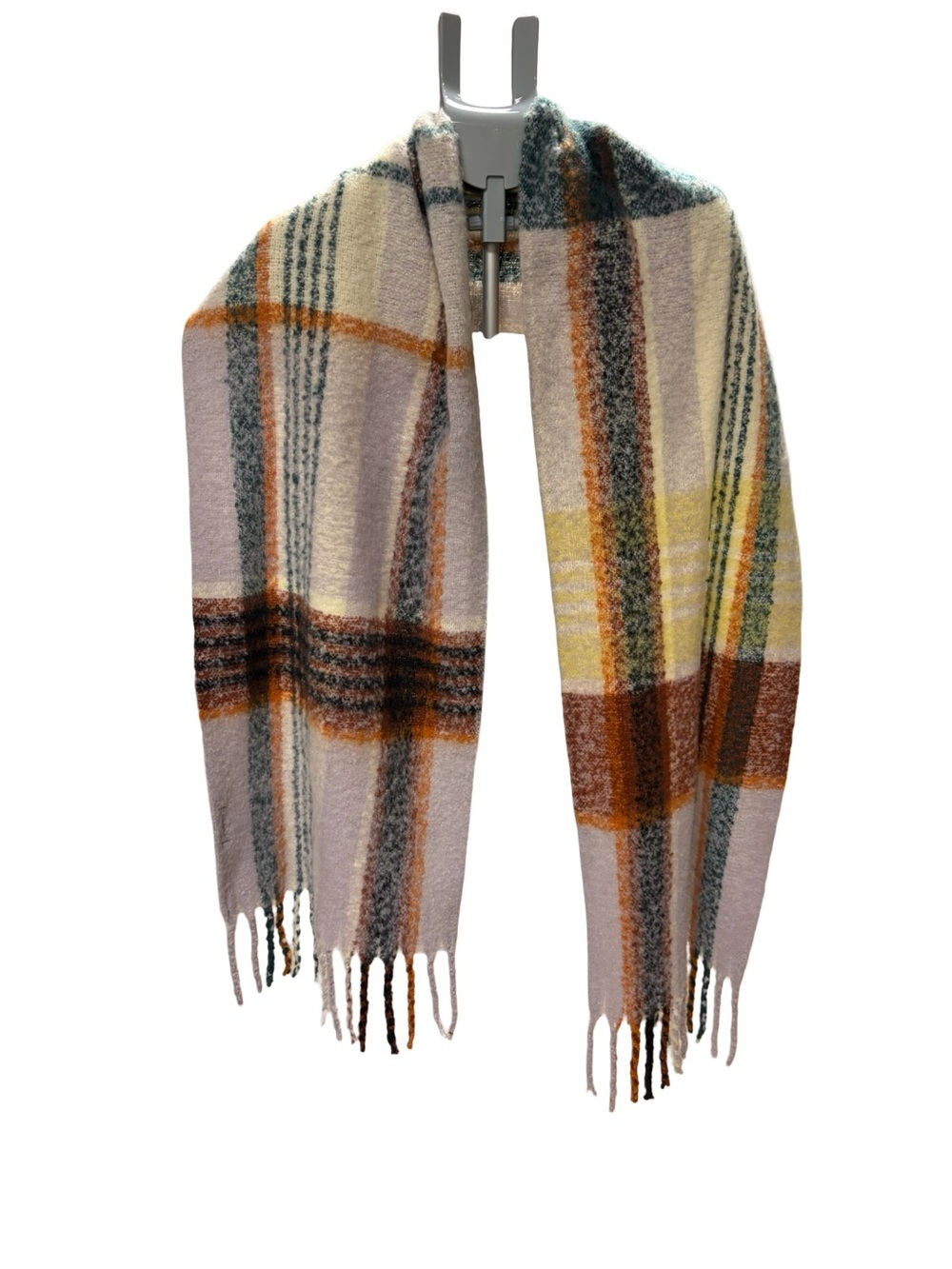 Steve Madden Plaid Fringe Scarf in Cream, Brown & Yellow